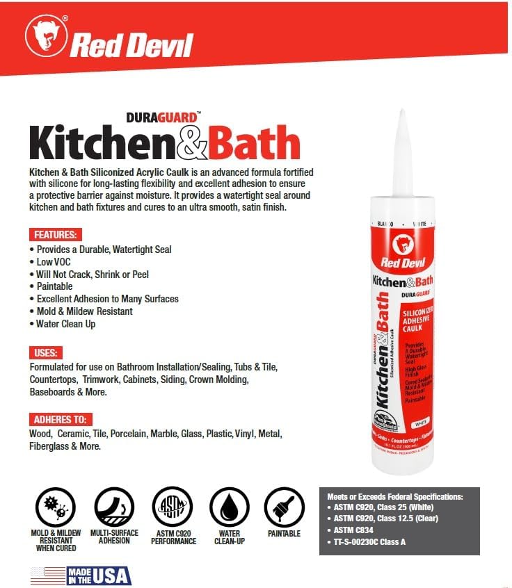 Red Devil 0405 Duraguard Kitchen & Bath Siliconized Acrylic Caulk, 5.5 oz, White - Image 2